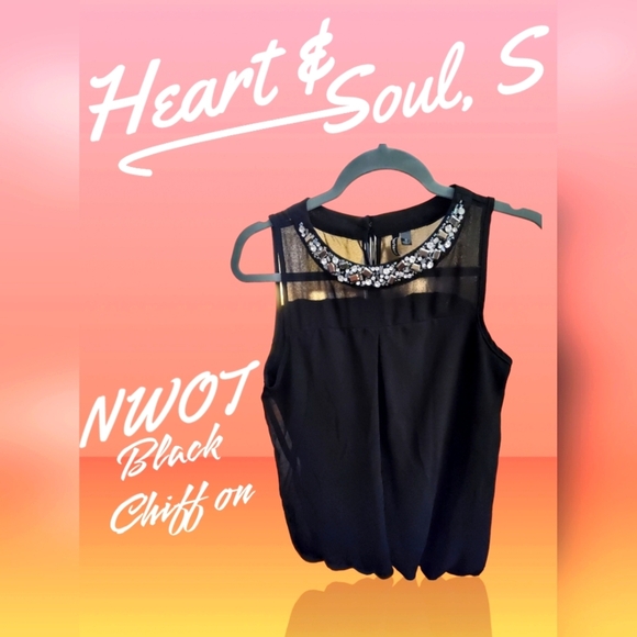 Heart Soul Black Chiffon Sleeveless Jeweled Neckline Blouse, S - Picture 1 of 4